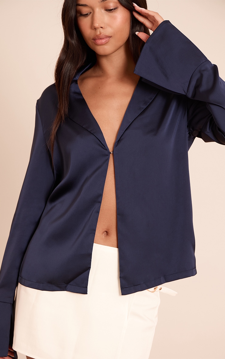 Navy Satin Hook And Eye Detail Oversized Shirt