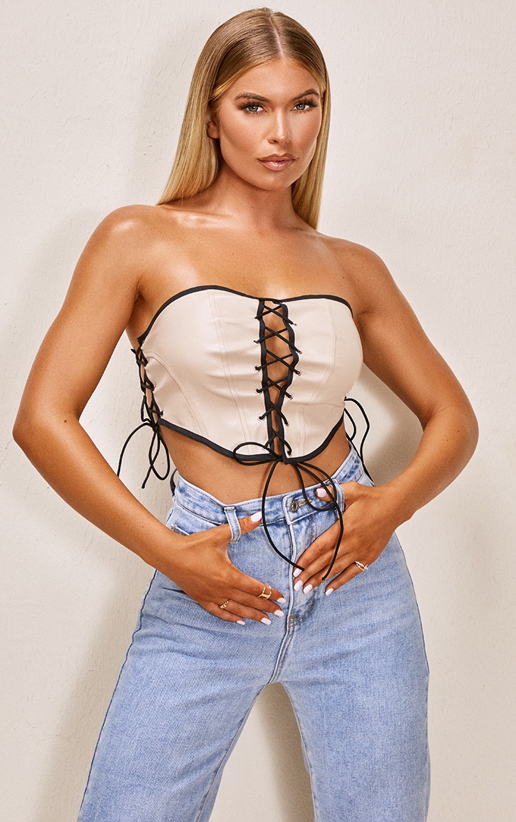 Nude PU Lace Up Detailing Cropped Corset