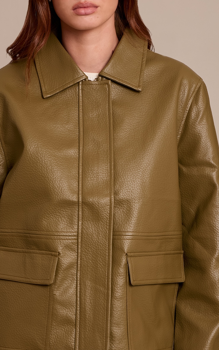 Khaki Faux Leather Oversized Jacket image 4