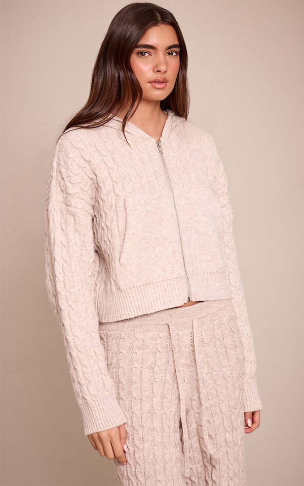 Oatmeal Cable Knit Cropped Hoodie 