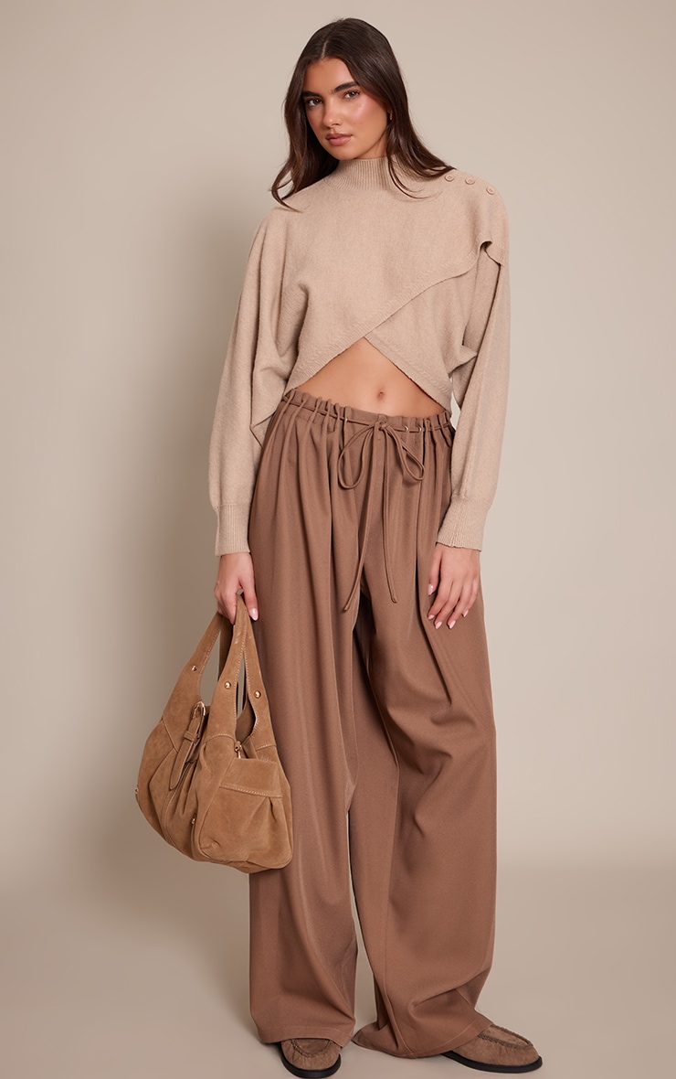 Light Brown Pleated Eyelet Waistband Wide Leg Pants image 1