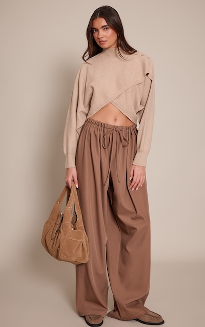 Light Brown Pleated Eyelet Waistband Wide Leg Pants
