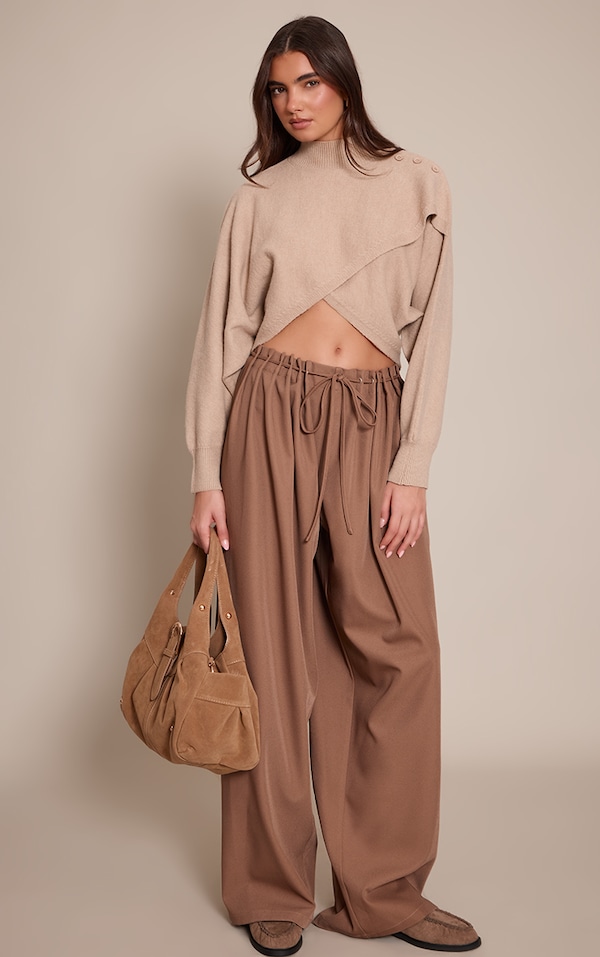 Light Brown Pleated Eyelet Waistband Wide Leg Pants