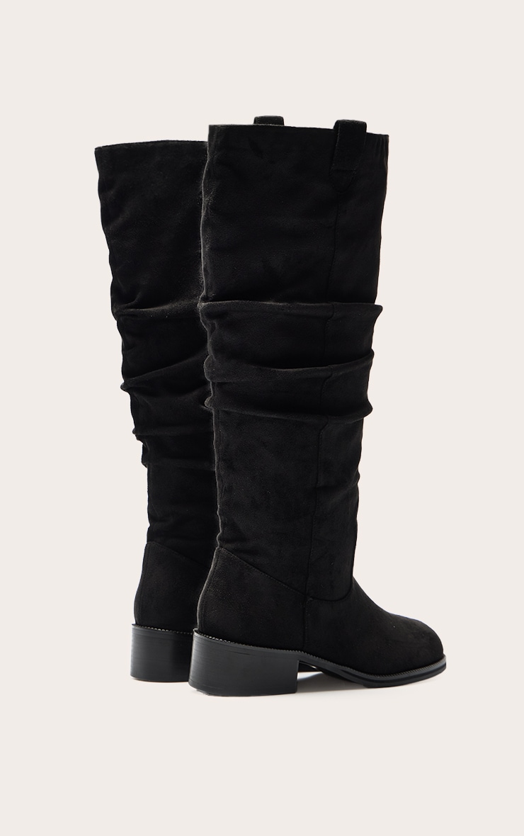 Black Faux Suede Low Heeled Ruched Knee High Boot image 4