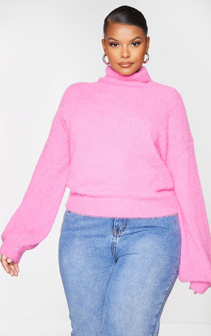 Plus Pink Roll Neck Balloon Sleeve Eyelash Knit Sweater