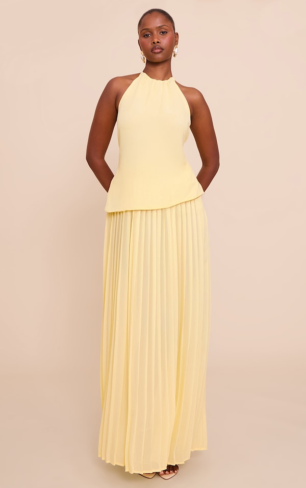  Lemon Overlay Pleated Skirt Maxi Dress