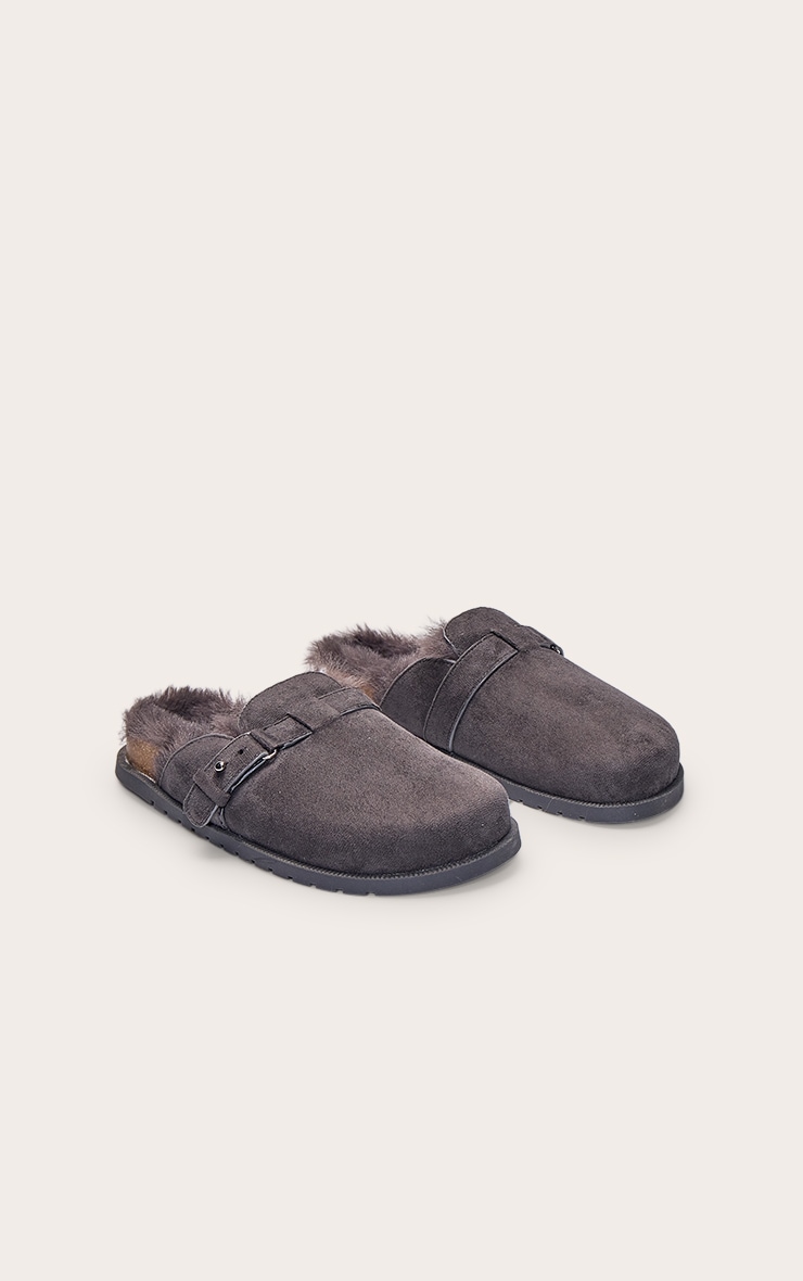 Charcoal Faux Suede Faux Fur Lined Buckle Mules image 3