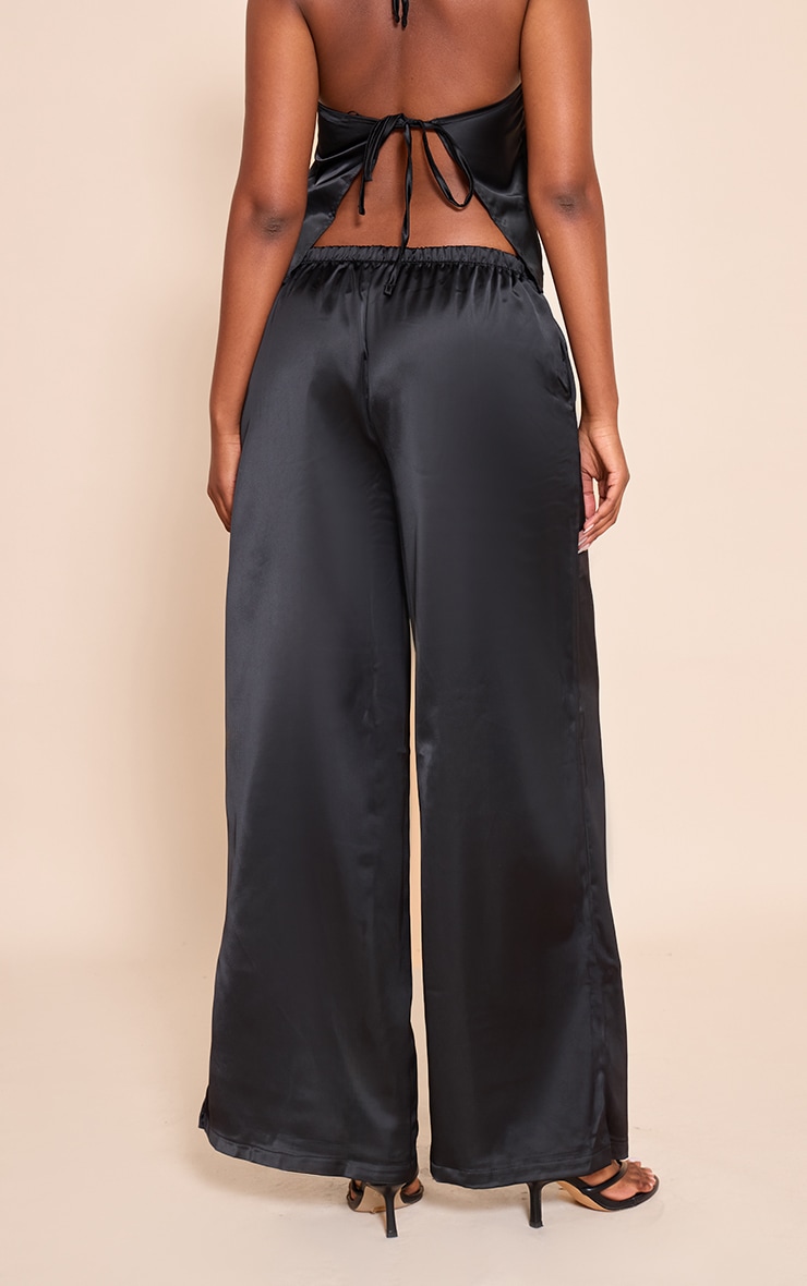 Pantalon large satiné noir à taille mi-haute et cordons ajustables image 3