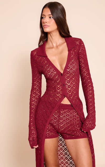 Wine Crochet Knit Mini Shorts