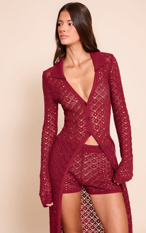 Wine Crochet Knit Mini Shorts