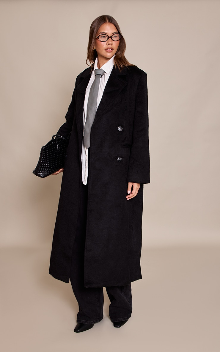 Black Structured Double Breasted Wool Look Maxi Coat image 3