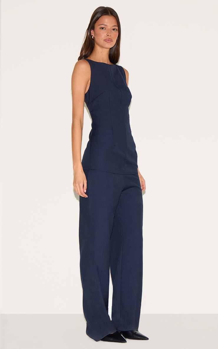 Combinaison de tailleur tissée bleu indigo à col bateau et buste long image 3