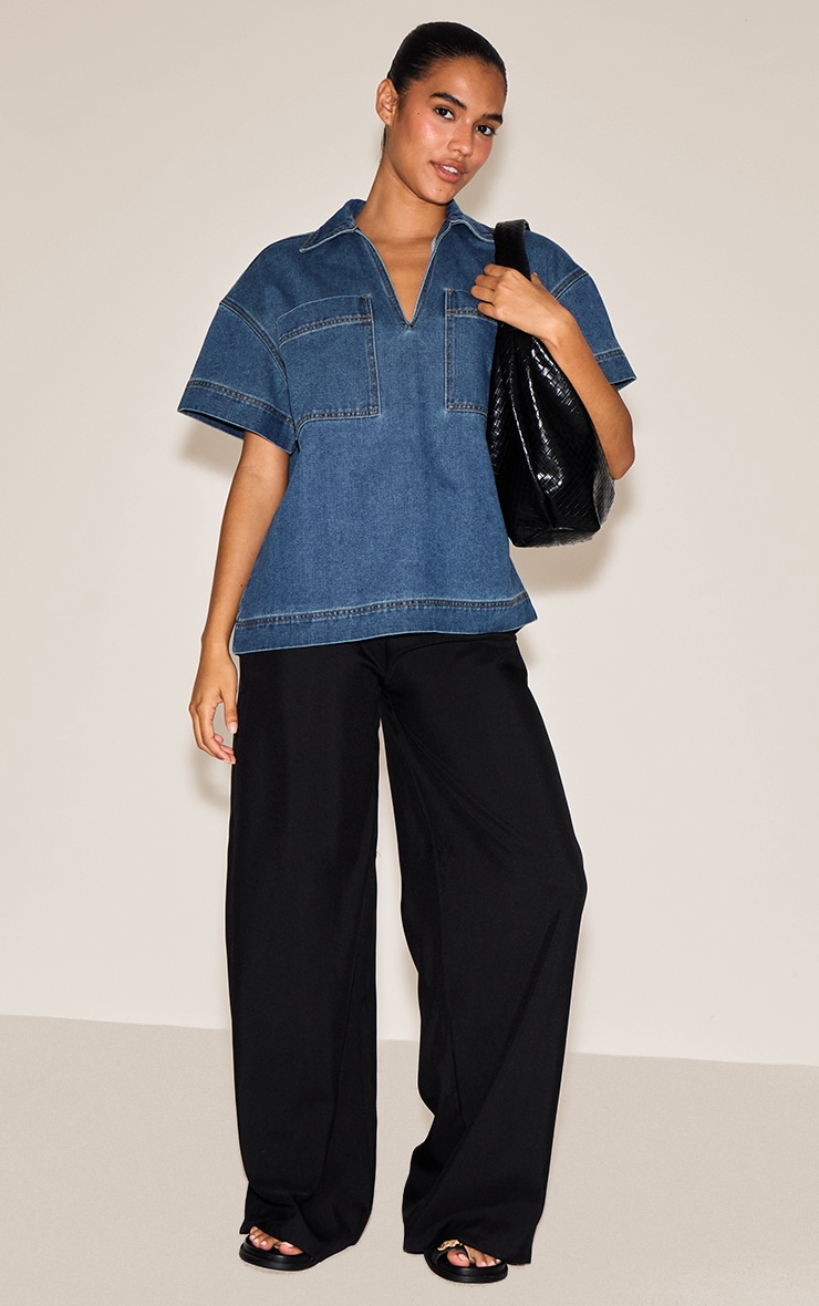 Dark Blue Boxy Pocket Detail Short Sleeve Denim Rugby Shirt image 3