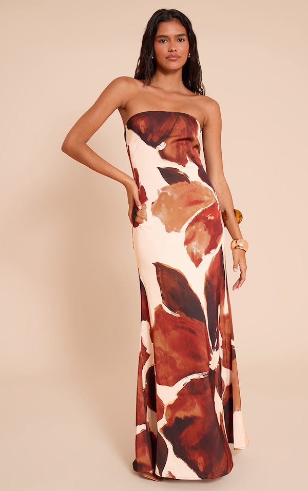 Brown Floral Satin Bandeau Maxi Dress