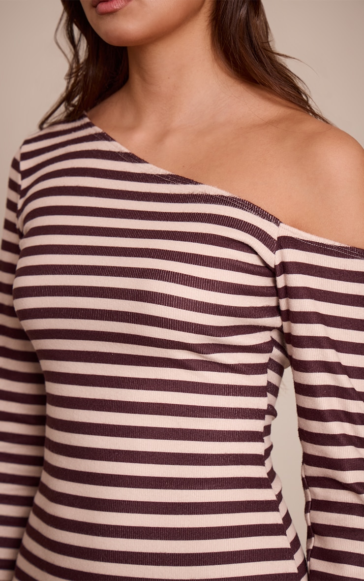 Chocolate Striped Brushed Rib Striped Asymmetric Long Sleeve Maxi Dress image 4