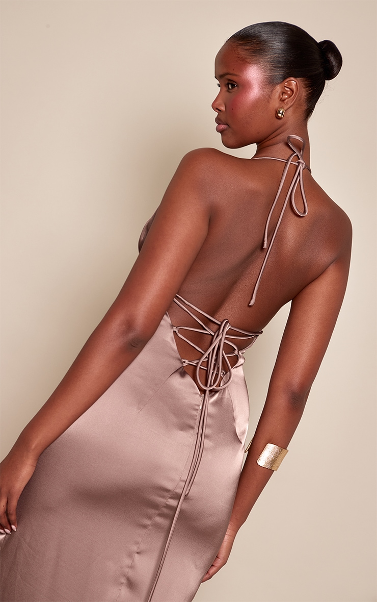 Taupe Satin Mesh Panel Tie Back Maxi Dress image 4
