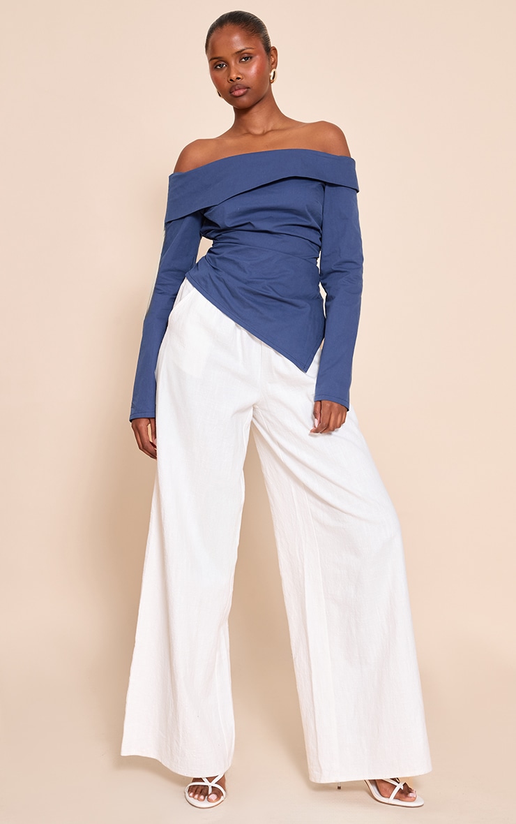 Navy Cotton Ruched Asymmetric Hem Bardot Top image 3