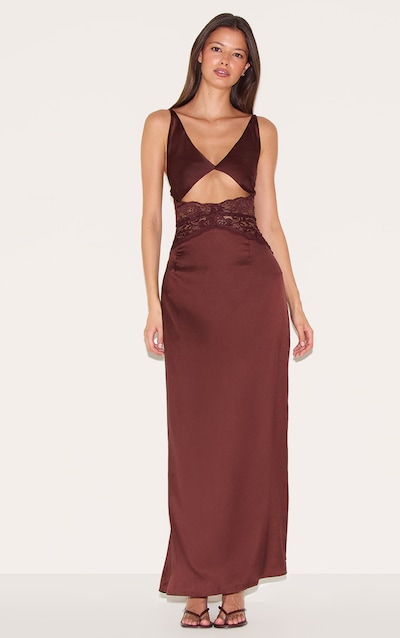 Robe longue satinée chocolat à partie en dentelle