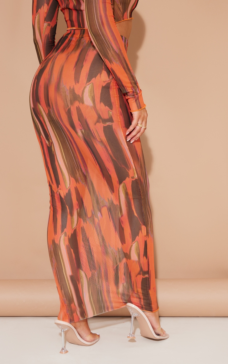 Orange Abstract Printed Mesh Split Hem Midi Skirt image 3
