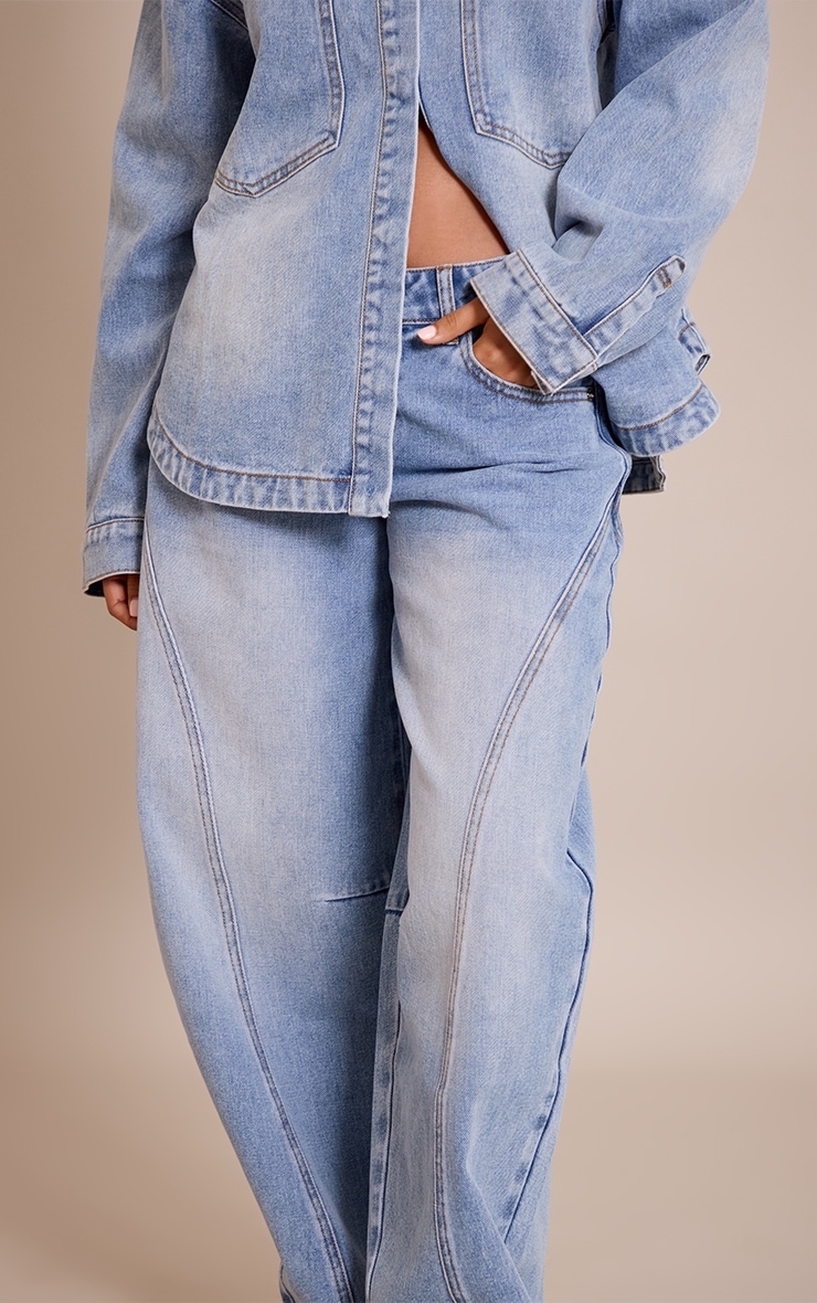 Petite Mid Blue Seam Detail Barrel Jeans image 4