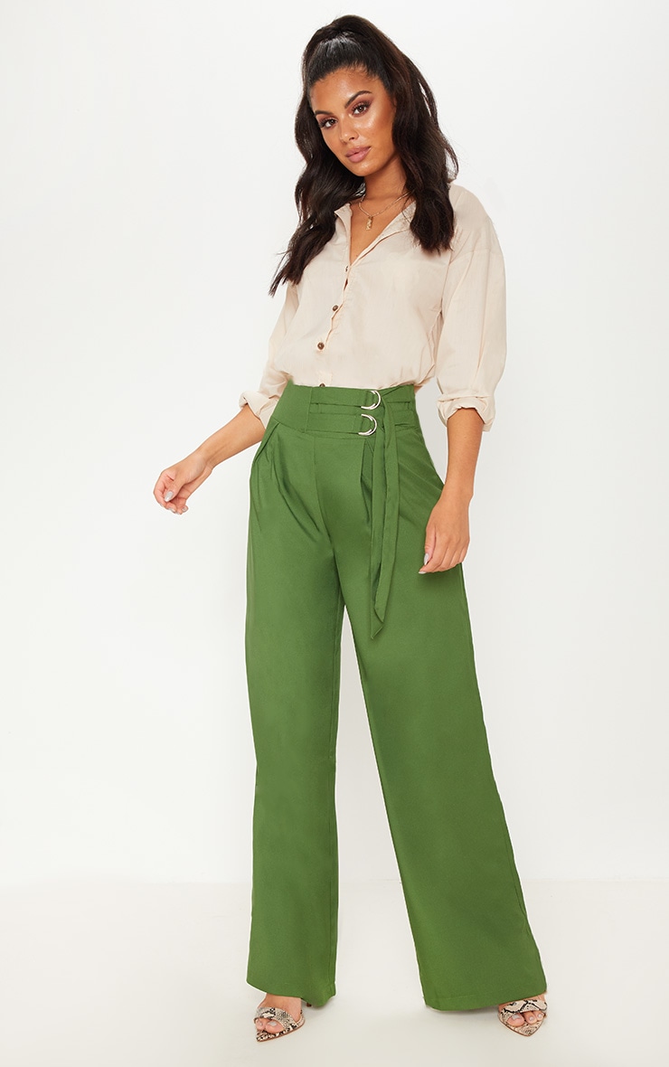 Khaki D Ring Buckle Wide Leg Pants image 1