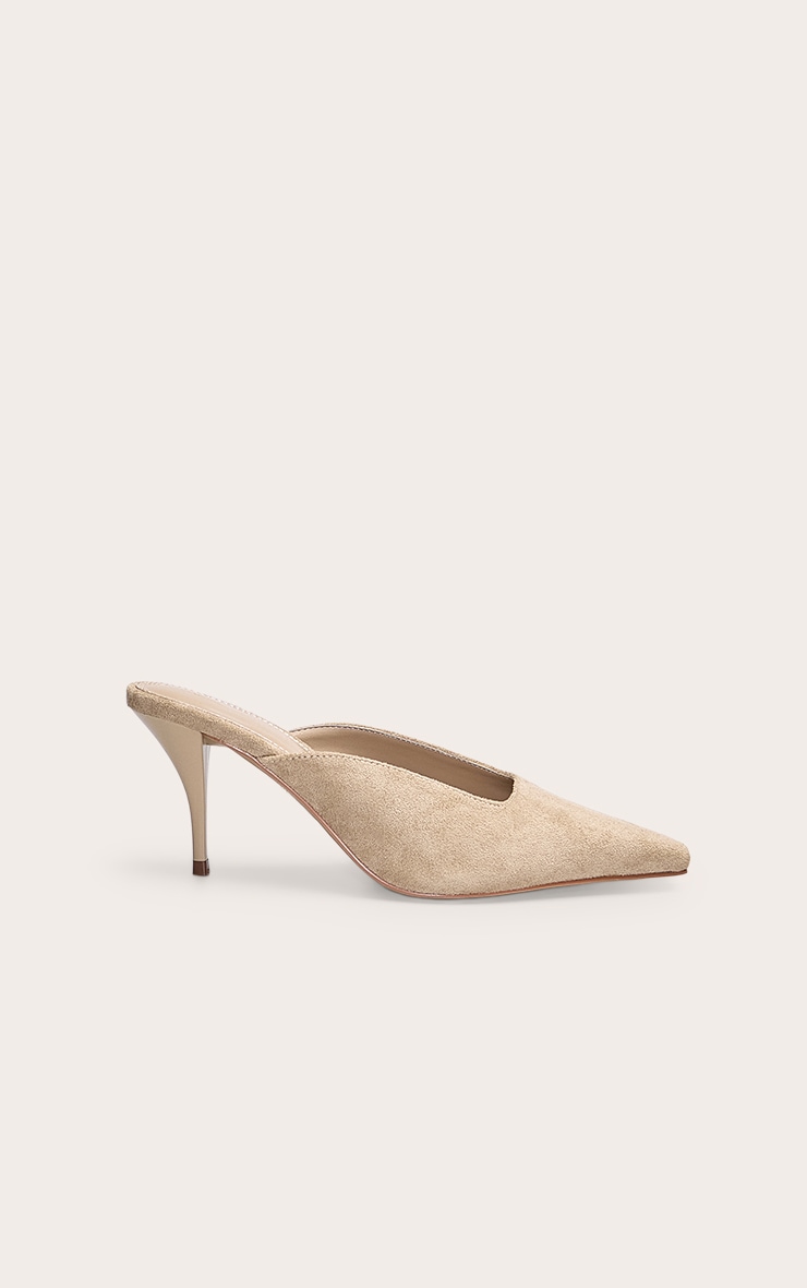 Taupe Faux Suede Squared Chiseled Toe Court Mules image 2