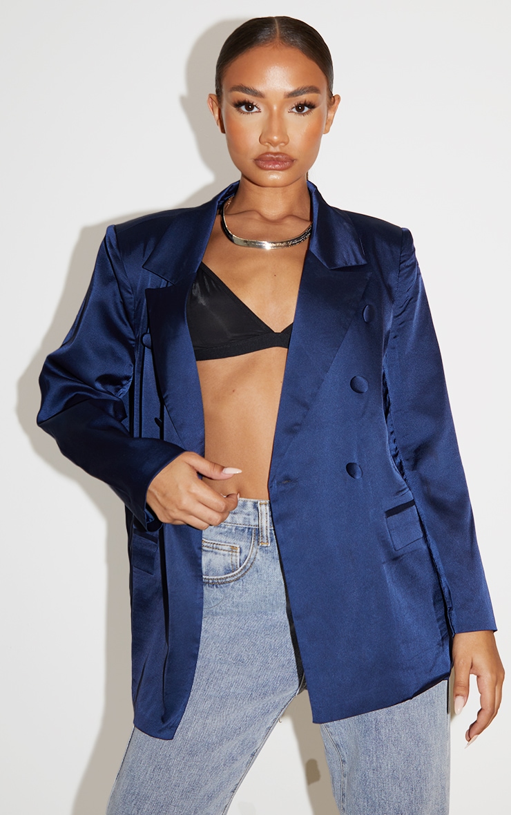 Petite Blue Satin Double Breasted Blazer image 1