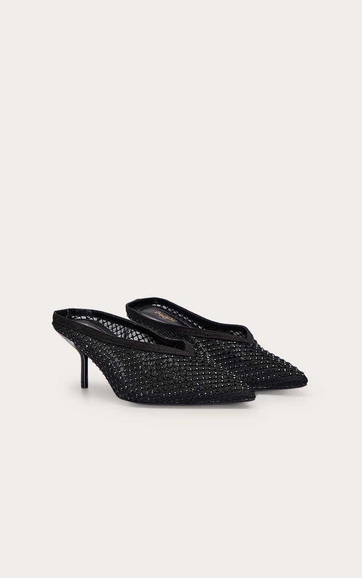 Mules style escarpins en mesh noir à coupe en V et strass image 3