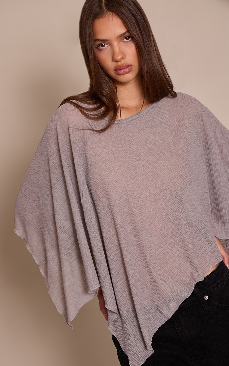 Mushroom Ribbed Burnout Mesh Cape Detail Long Top image 4