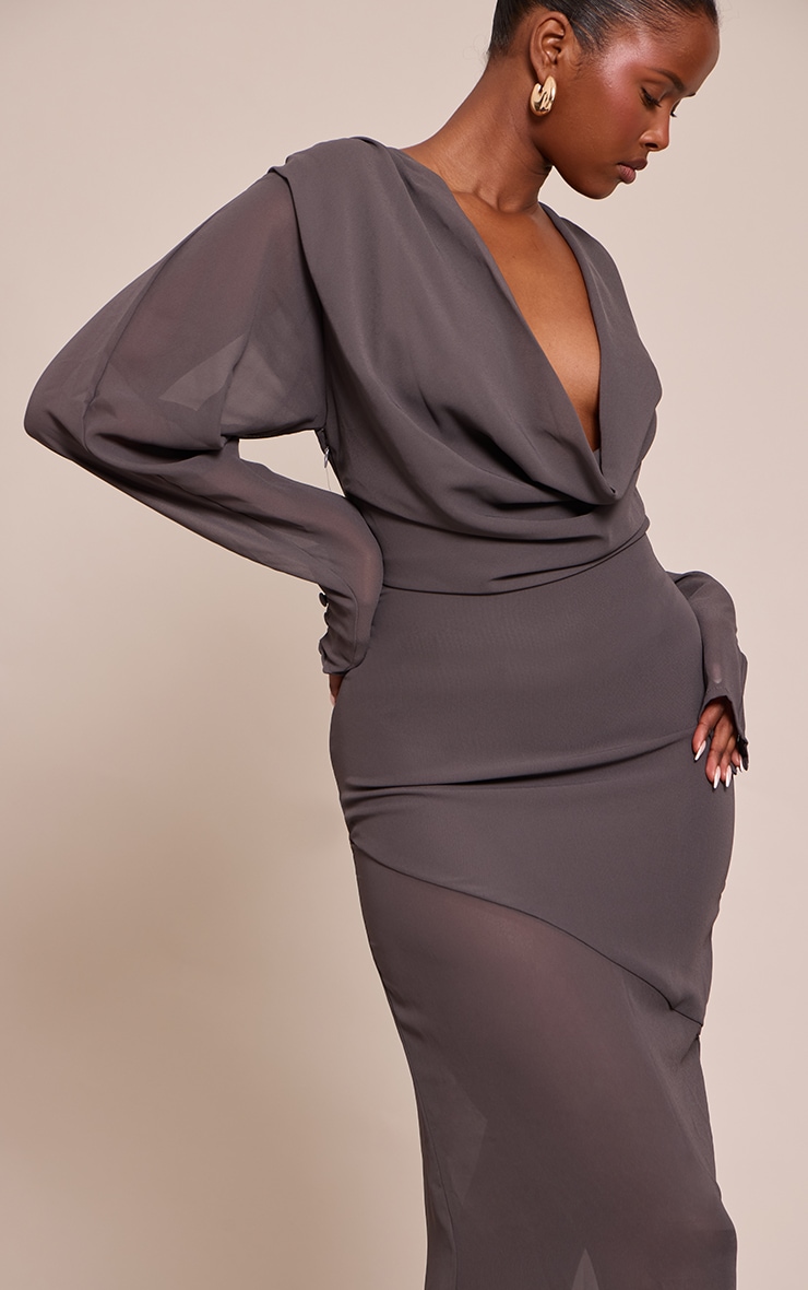 Grey Chiffon Extreme Cowl Neck Long Sleeve Maxi Dress image 4