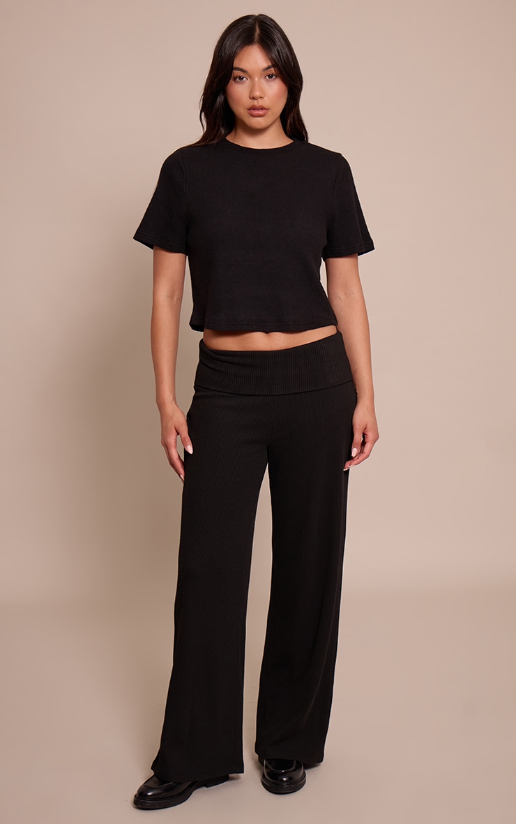 Black Thick Rib Fold Over Pocket Detail Wide Leg Pant