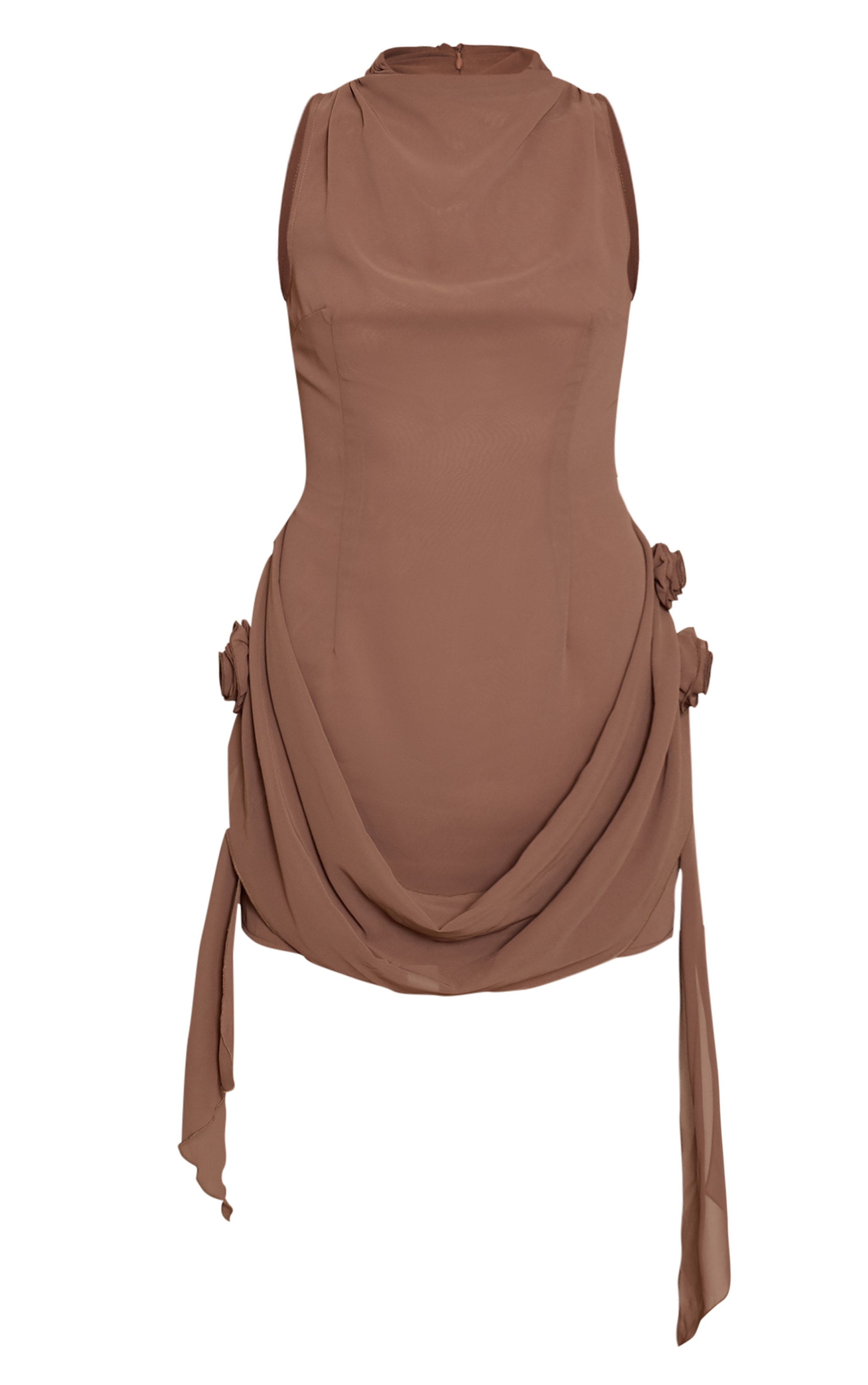 Mocha Chiffon Boat Neck Drape Detail Mini Dress image 5