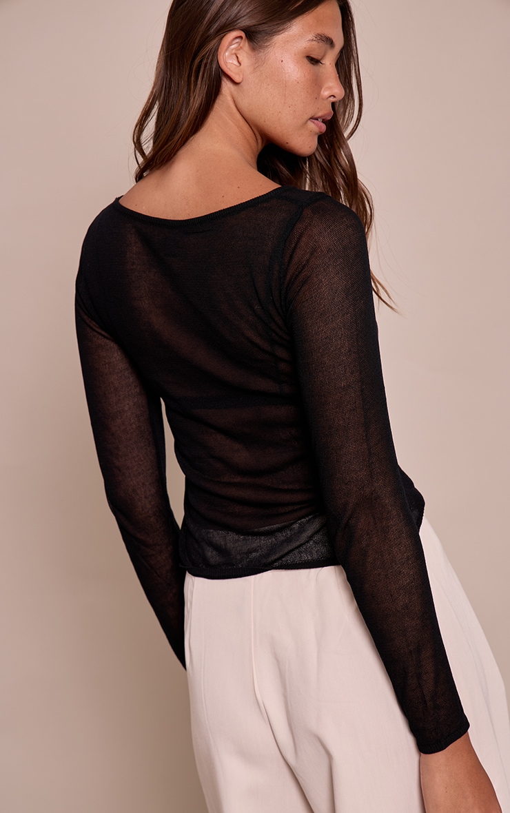 Black Sheer Knit Long Sleeve Top image 2