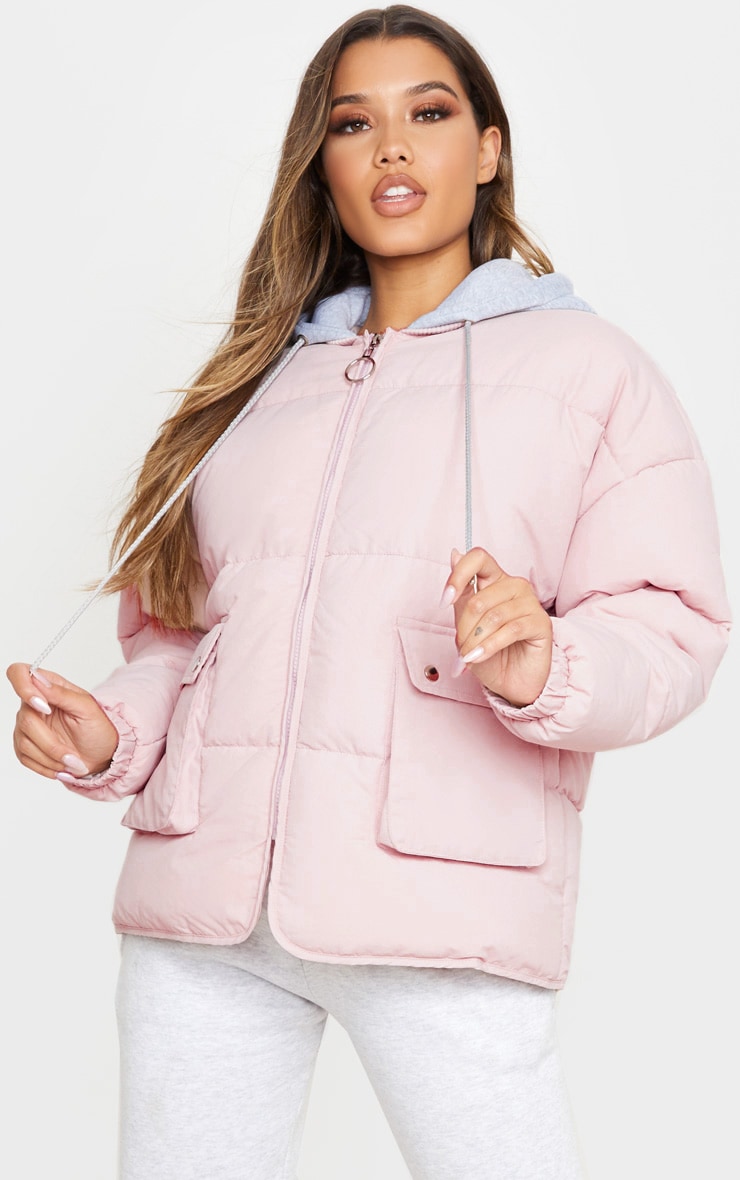 Pale Pink Peach Skin Oversized Hooded Puffer