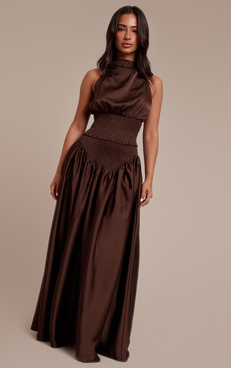 Petite Chocolate Ruched Waist Flowy Maxi Skirt image 1