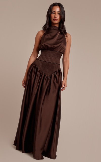 Petite Chocolate Ruched Waist Flowy Maxi Skirt