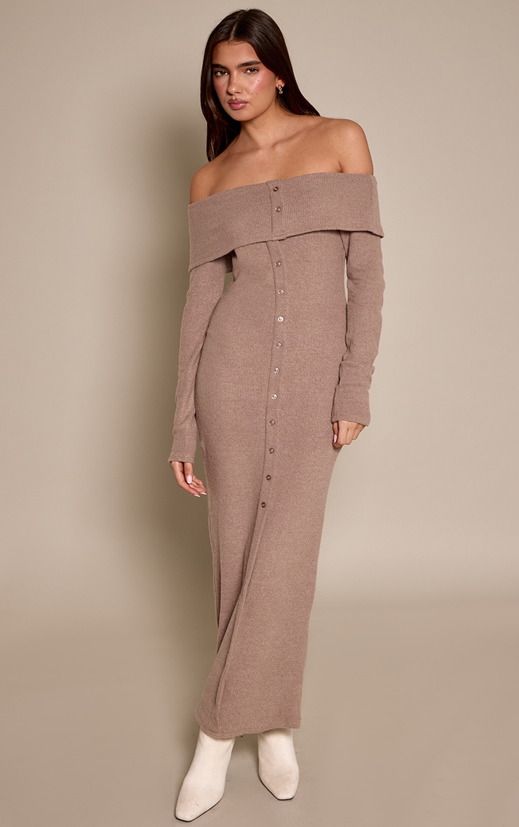 Taupe Ribbed Bardot Button Down Maxi Dress image 3