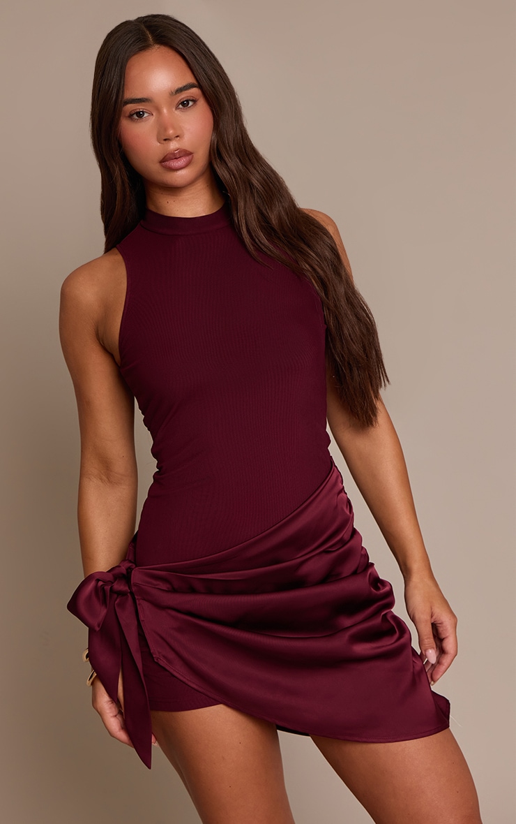 Plum Woven High Neck Satin Drape Mini Dress image 1