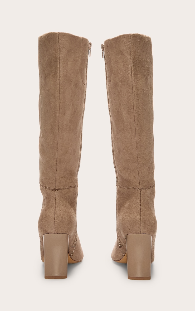 Mushroom Faux Suede Point Toe Thin Block High Heel Knee High Boots image 3