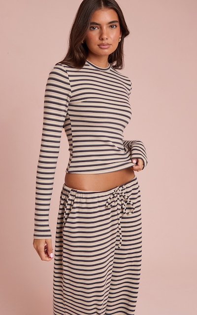 Top en polaire douce marron à rayures et manches longues