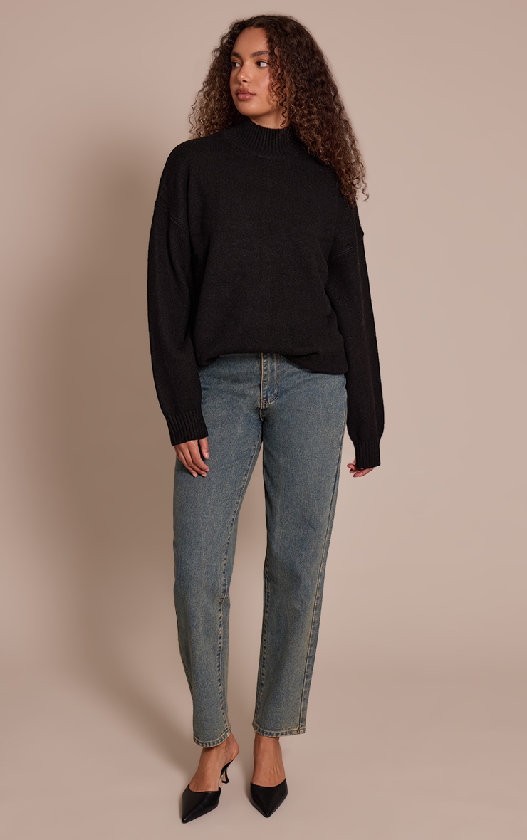Tall Black Knit Oversized Polo Neck Sweater image 3