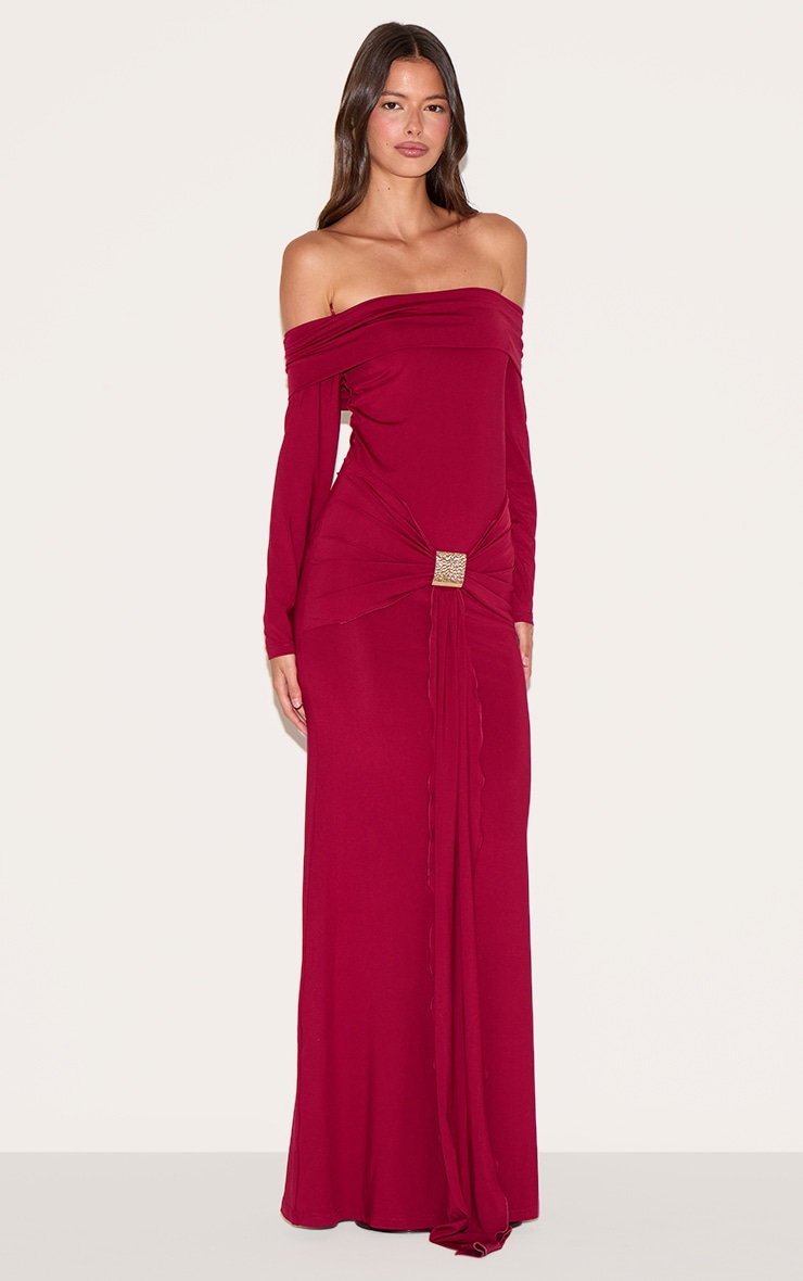 Deep Red Bardot Long Sleeve Trim Drape Detail Maxi Dress image 3