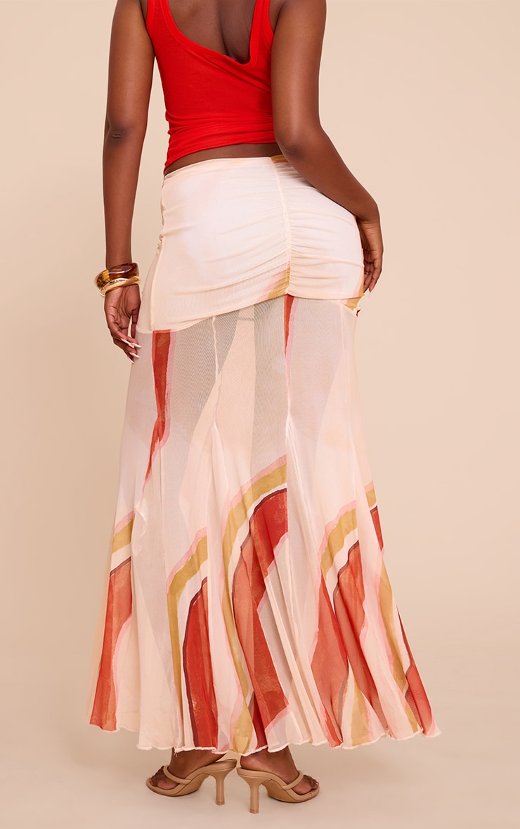 Beige Printed Mesh Overlay Maxi Skirt image 3