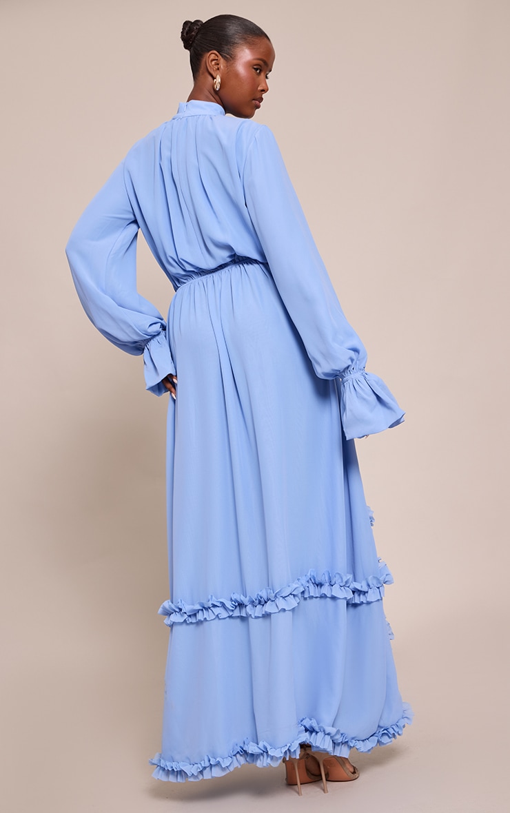 Blue Chiffon High Neck Frill Detail Maxi Dress image 2