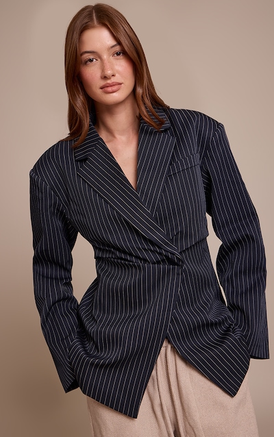 Navy Pinstripe Gathered Cinched Waist Blazer