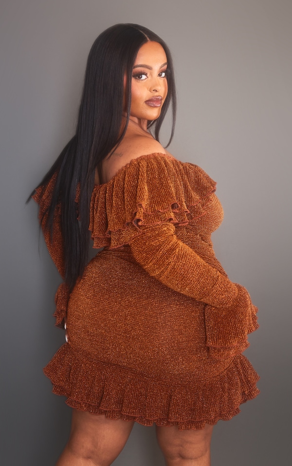 Plus Bronze Glitter Plisse Ruched Bodycon Dress PrettyLittleThing AUS