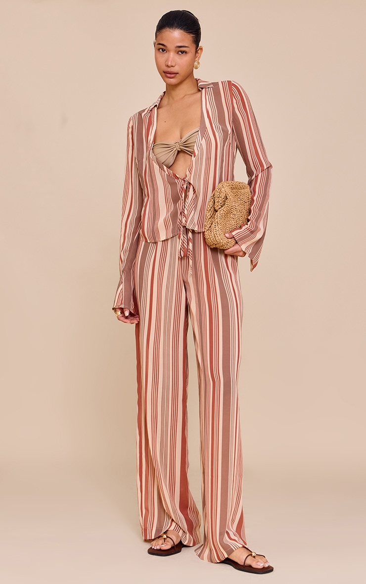 Beige Chiffon Striped Long Sleeve Tie Front Shirt image 3