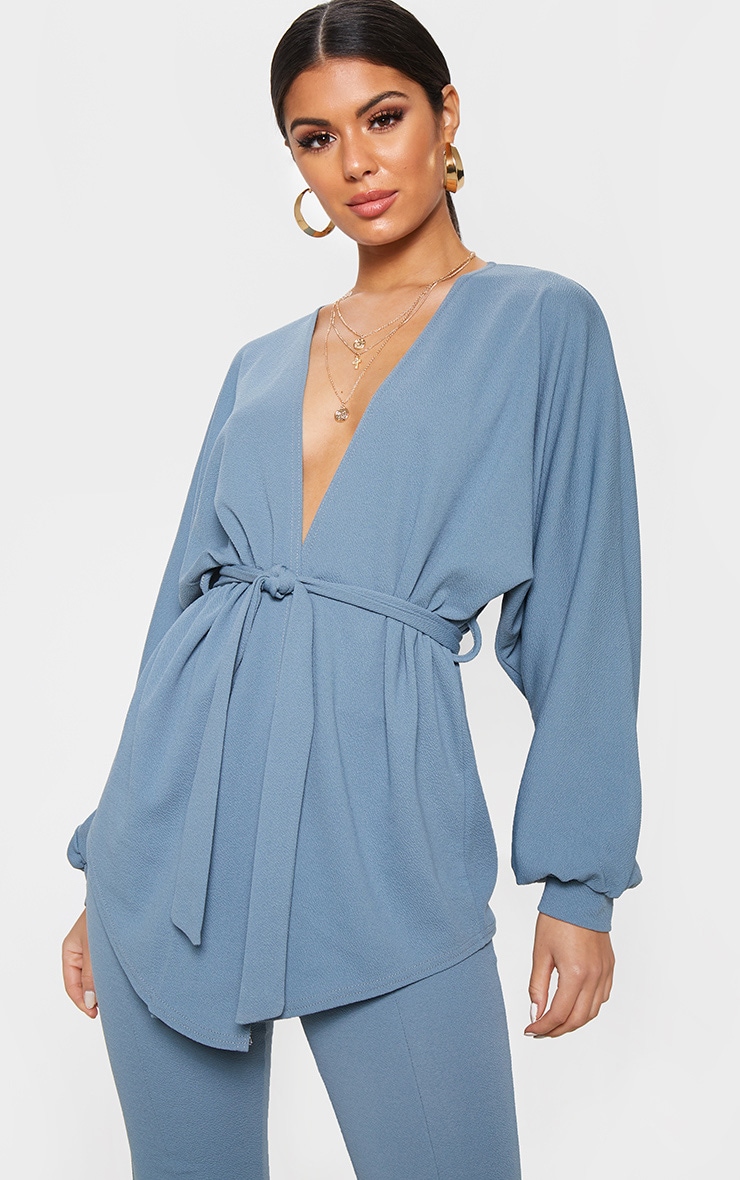 Petrol Blue Oversized Sleeve Belted Blazer