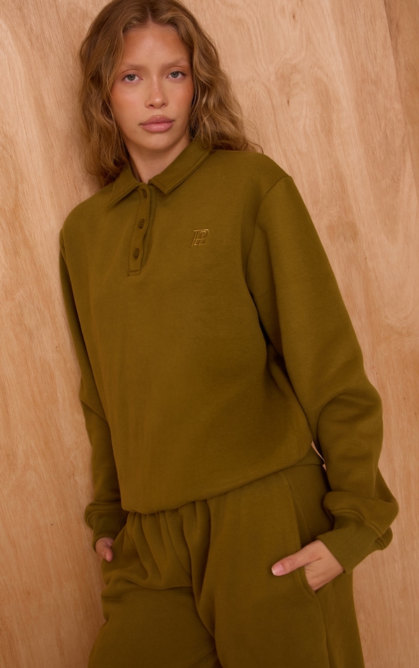 Olive Cotton Fleece Polo Sweatshirt