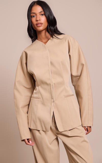 Tall Sand Premium Woven Tailored Collarless Blazer